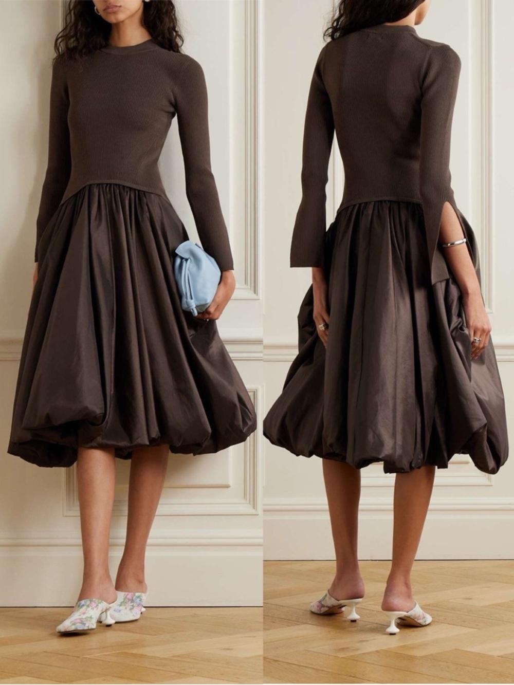 SIMKHAI Kenlie Ribbed Knit Taffeta Midi Dress Chocolate Brown